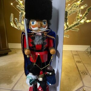 Red and Black Nutcracker Soldier with Blue Cape